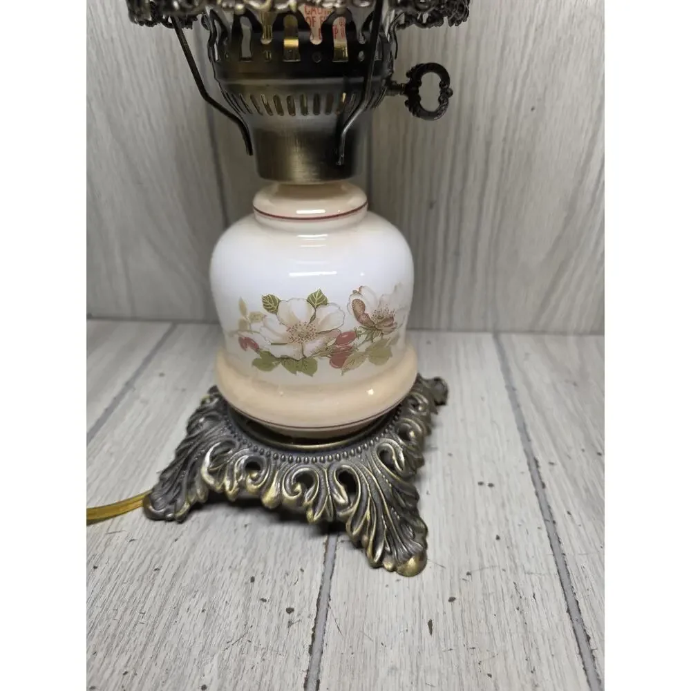 Vtg Hurricane Parlor Desk Lamp Roses Rose Hips Berries Metal Base Stand 15.5”